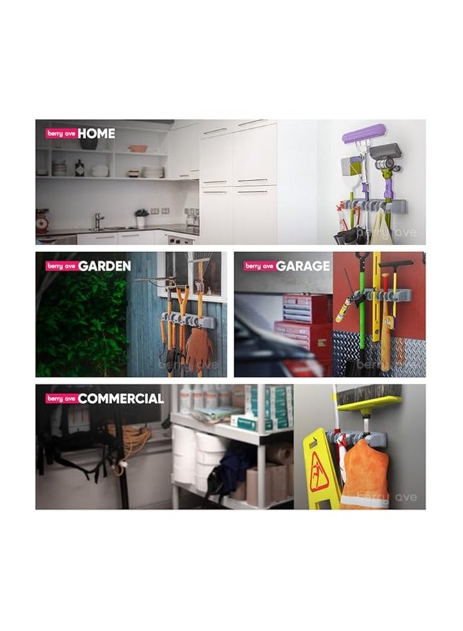 Berry Ave Broom Holder Wall Mount and Garden Tool Organizer, Closet Storage, Kitchen Rack, Home Organization and Garage Organizer for Rake or Mop Handles Up to 1.25-Inches, Hanger Plus 6 Hooks (Grey) - Image 3