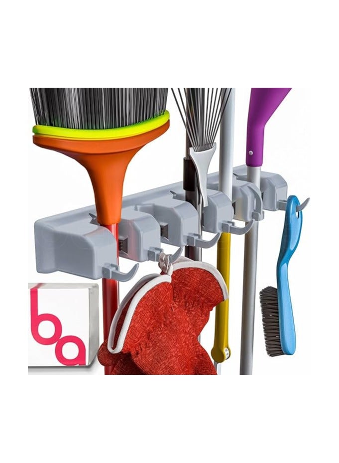 Berry Ave Broom Holder Wall Mount and Garden Tool Organizer, Closet Storage, Kitchen Rack, Home Organization and Garage Organizer for Rake or Mop Handles Up to 1.25-Inches, Hanger Plus 6 Hooks (Grey) - Image 1