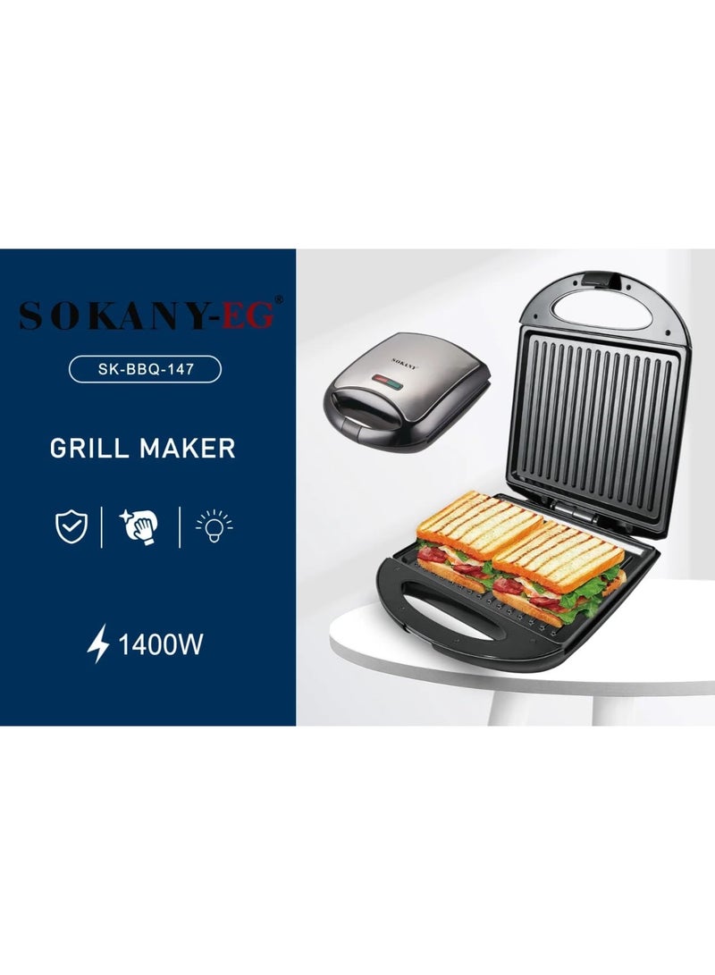 سوكاني شواية كهربائية SOKANY SK-BBQ-147 - مكبس ساندويتش غير لاصق بقوة 1400 واط، تصميم صغير الحجم، تسخين سريع للشواء المنزلي ووجبة الإفطار - Image 3