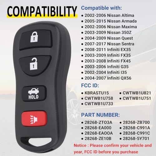 Vurkcy Keyless Entry Remote Control Car Key Fob Compatible with Infiniti EX35 FX35 FX45 I35 G35 QX56, Nissan Altima Armada Maxima Quest Sentra 350Z, Replacement for KBRASTU15 (Pack of 2) - Image 2