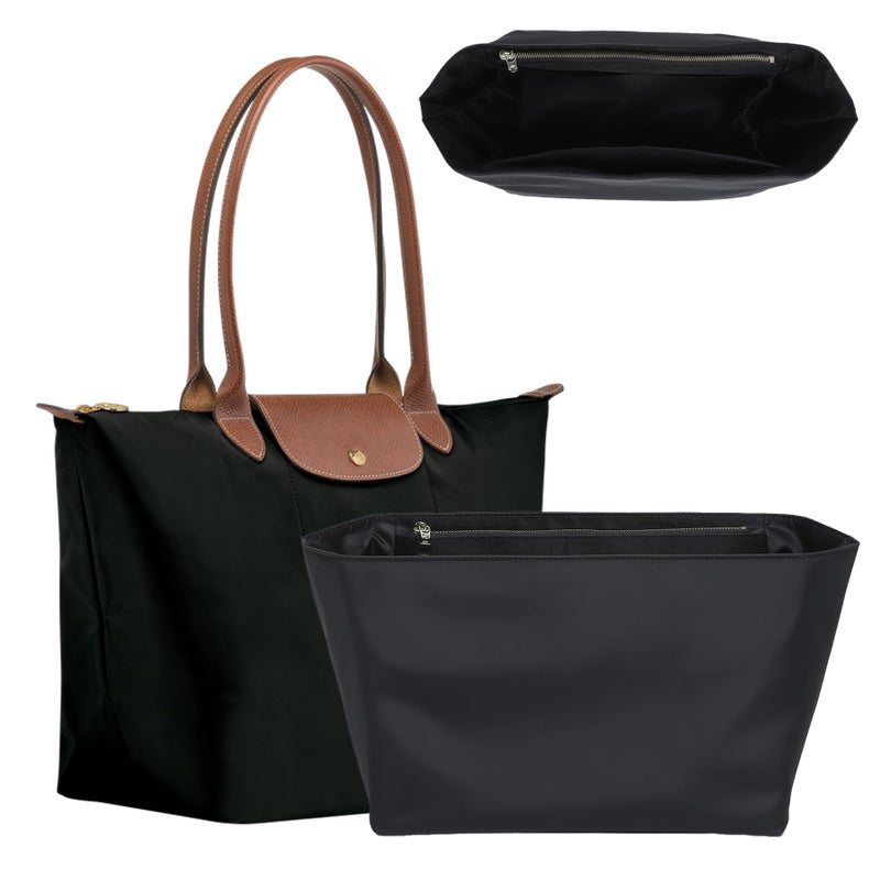 OAikor Soft Nylon Purse Organizer Insert for Longchamp Le Pliage L Tote Bag,Lightweight Luxury Long Champ Large Tote Divider Shaper with Cup Holder,Zipper Bags Inner Linner with 7 Deepened Pockets,L/Black - Image 1
