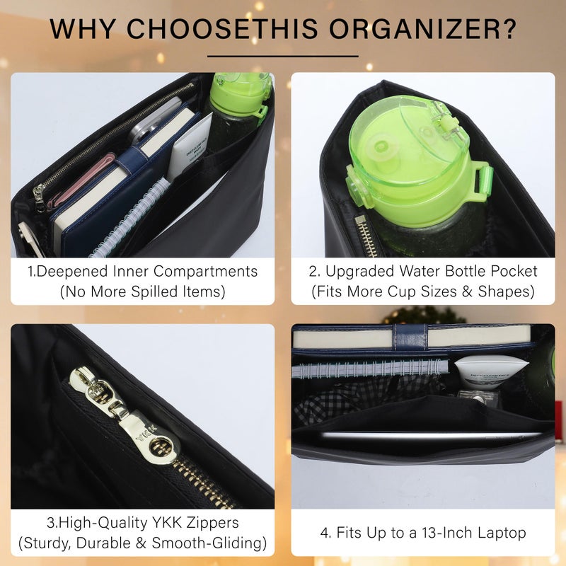 OAikor Soft Nylon Purse Organizer Insert for Longchamp Le Pliage L Tote Bag,Lightweight Luxury Long Champ Large Tote Divider Shaper with Cup Holder,Zipper Bags Inner Linner with 7 Deepened Pockets,L/Black - Image 5