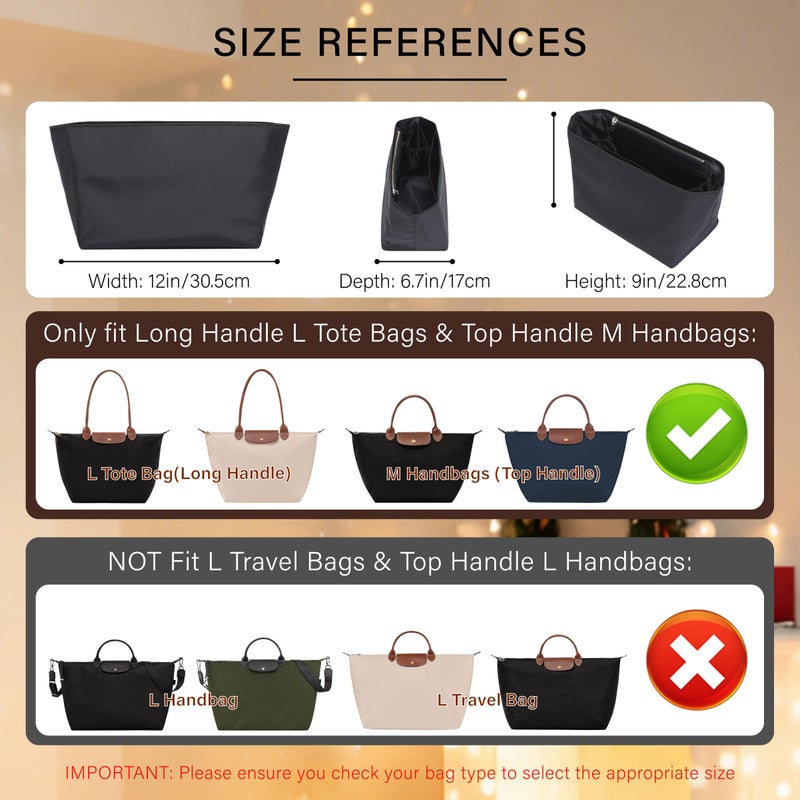 OAikor Soft Nylon Purse Organizer Insert for Longchamp Le Pliage L Tote Bag,Lightweight Luxury Long Champ Large Tote Divider Shaper with Cup Holder,Zipper Bags Inner Linner with 7 Deepened Pockets,L/Black - Image 2