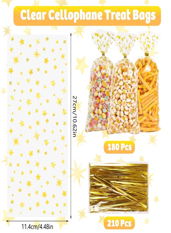 DIYASY 180 Pcs Gold Star Cellophane Treat Bags, 5 X 11 Inches Plastic Star Printed Candy Gift Bag Clear Food Snack Bags with Twist Ties for Goody Cookies Party Favor Supplies - Image 3