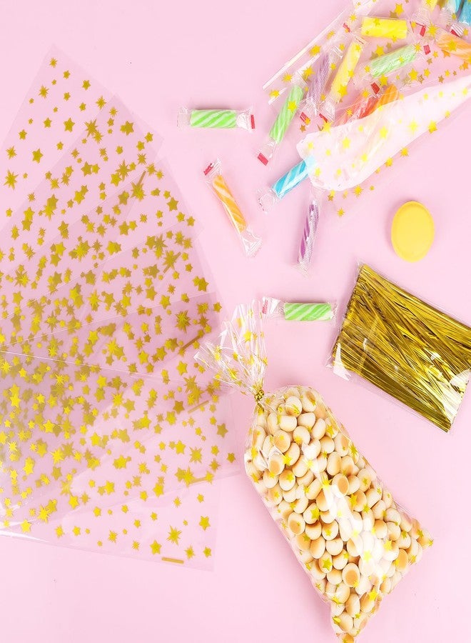 DIYASY 180 Pcs Gold Star Cellophane Treat Bags, 5 X 11 Inches Plastic Star Printed Candy Gift Bag Clear Food Snack Bags with Twist Ties for Goody Cookies Party Favor Supplies - Image 2