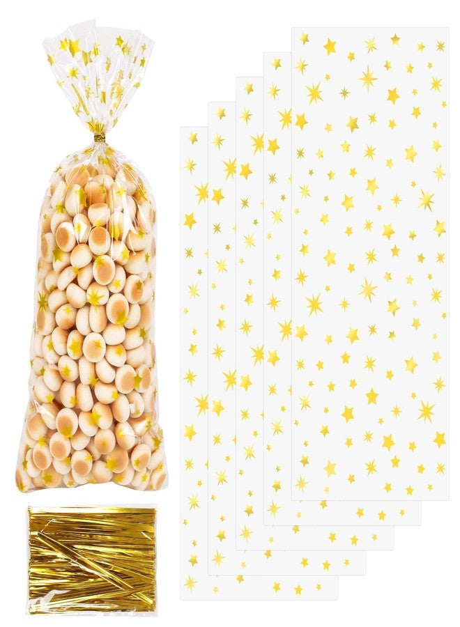 DIYASY 180 Pcs Gold Star Cellophane Treat Bags, 5 X 11 Inches Plastic Star Printed Candy Gift Bag Clear Food Snack Bags with Twist Ties for Goody Cookies Party Favor Supplies - Image 1