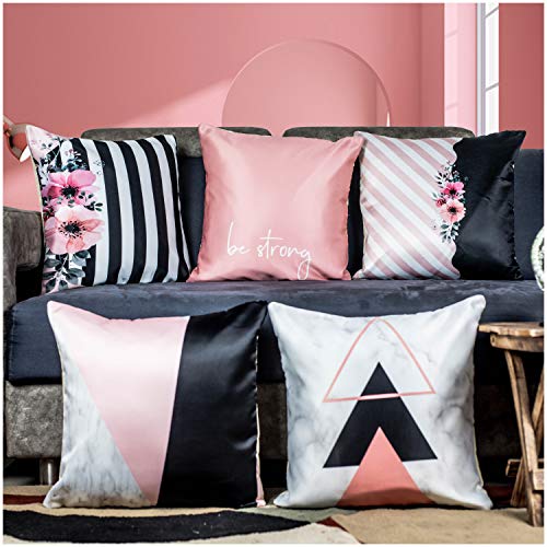 Vendola Decorative Satin Sofa Cushion Covers Set of 5, 24 Inch x 24 Inch, Sofa Pillow Cover, Pink and White, Geometrical Design, Zipper Closure (Salmon Pink, 24X24 Inches) - Image 1