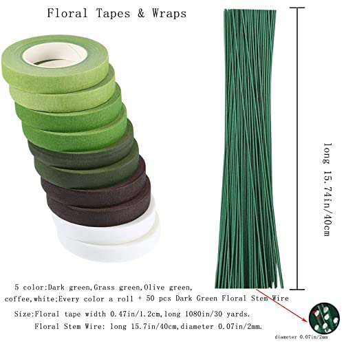 Arlai Floral Arrangement Kit - Floral Tools 5 Rolls Flower Paper Tape with 50 Pcs 16" Floral Stem Wire for Floral Arrangement Artificial Bouquet Stem Wrap Florist - Image 3