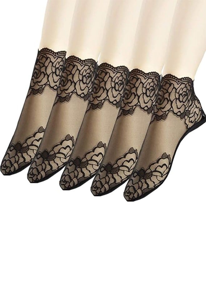 Lace Ankle Socks For Women - 5 Pairs Of Ruffle Socks For Women - Fishnet Ankle Socks For Women - Thin Breathable Lace Socks - Mid-Calf Mesh Socks - Ins Lace Boat Socks - Image 1