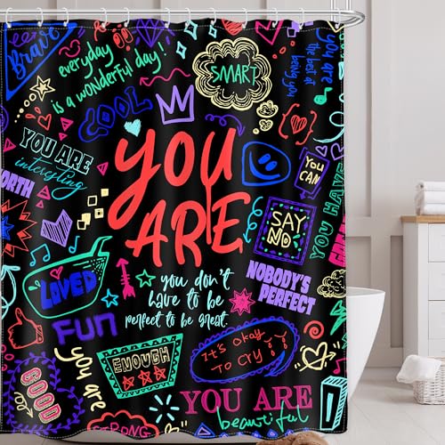 AMBZEK Kids Quotes Shower Curtain,Teens Boys Funny Neon Colorful Positive You are Motivational Inspirational Versers Polyester Toddler Fun Bathroom Curtains Decor Set with 12 Pack Hooks 60Wx72L Inch - Image 1
