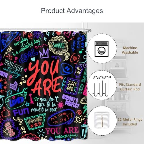 AMBZEK Kids Quotes Shower Curtain,Teens Boys Funny Neon Colorful Positive You are Motivational Inspirational Versers Polyester Toddler Fun Bathroom Curtains Decor Set with 12 Pack Hooks 60Wx72L Inch - Image 3