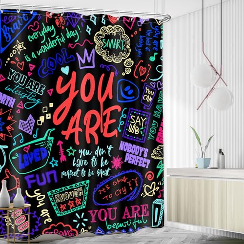 AMBZEK Kids Quotes Shower Curtain,Teens Boys Funny Neon Colorful Positive You are Motivational Inspirational Versers Polyester Toddler Fun Bathroom Curtains Decor Set with 12 Pack Hooks 60Wx72L Inch - Image 2