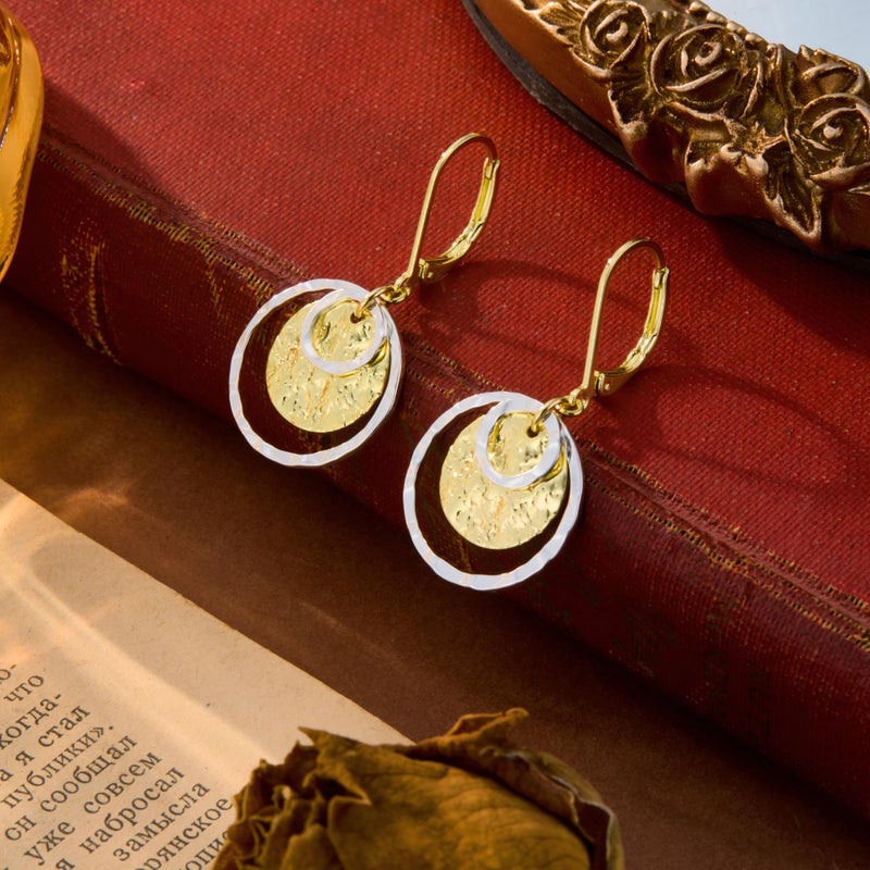 Lancharmed Earrings for Women Trendy Hypoallergenic Drop Disc Circle Hammered Earrings Leverback Two Tone Disc Dangle Earring Gold and Silver Tone Dangle Circle Earing for Jewelry Gifts - Image 4