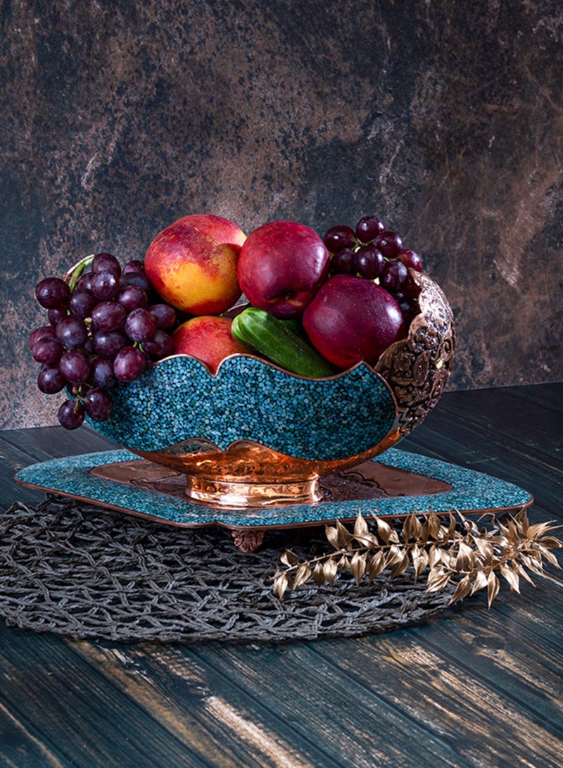 Aghajani Kashkul Bowl 25cm & Tray 55cm, Turquoise & Copper, Persian Heritage Luxury Decor Set - Image 1