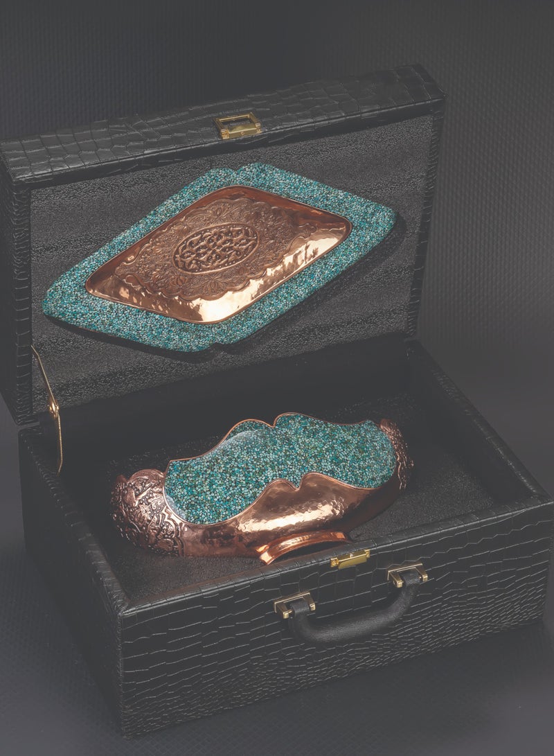Aghajani Kashkul Bowl 25cm & Tray 55cm, Turquoise & Copper, Persian Heritage Luxury Decor Set - Image 2