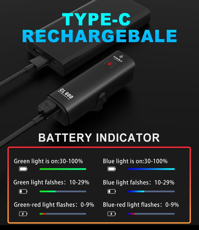 TOWILD CL600 Bike Lights for Night Riding,Compatible with Garmin/GoPro Mount,600 Lumen Bike Headlight,2000mAh Rechargeable Battery,Waterproof Bike Front Light for Commuter Cyclists-Fits All Bikes - Image 4