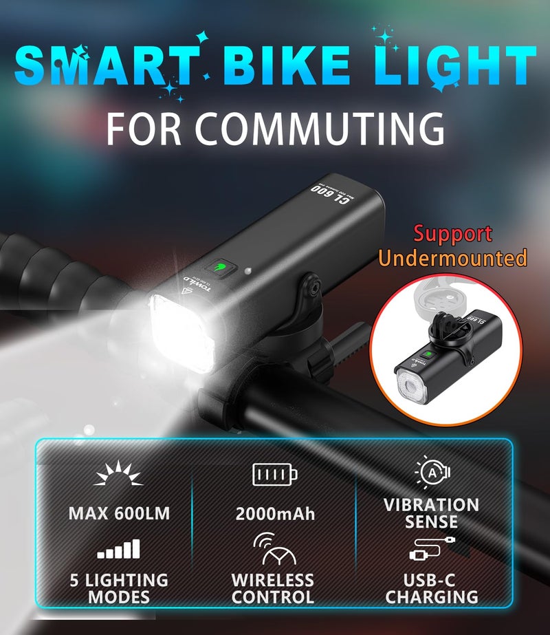 TOWILD CL600 Bike Lights for Night Riding,Compatible with Garmin/GoPro Mount,600 Lumen Bike Headlight,2000mAh Rechargeable Battery,Waterproof Bike Front Light for Commuter Cyclists-Fits All Bikes - Image 5