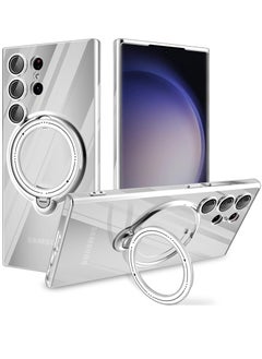 KASTWAVE Clear Case for Samsung Galaxy S23 Ultra with Magnetic Stand [Compatible with MagSafe] [360° Rotatable Ring] Plating TPU Shockproof Protective Galaxy S23 Ultra Phone Case - Silver  - Image 1