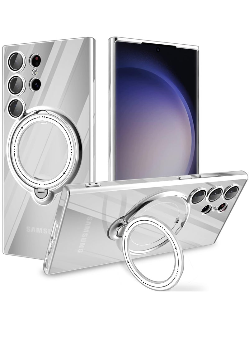 KASTWAVE - Clear Case for Samsung Galaxy S23 Ultra with Magnetic Stand [Compatible with MagSafe] [360° Rotatable Ring] Plating TPU Shockproof Protective Galaxy S23 Ultra Phone Case - Silver - Image 1