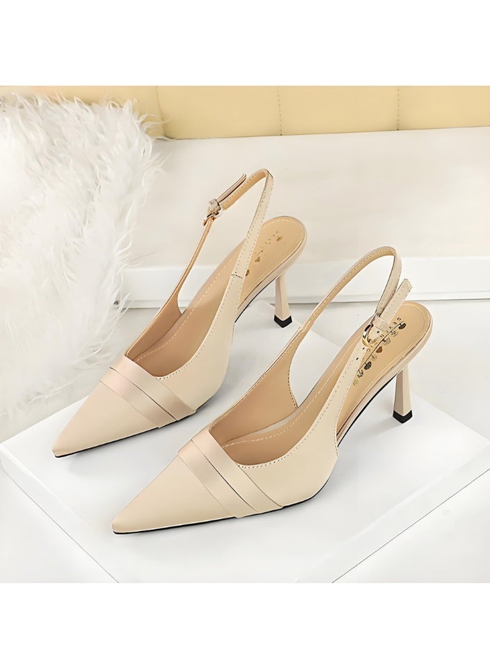 BIGTREE Women's Closed Pointed Toe Pumps Slingback Stiletto High Heel Sandals With Ankle Strap Champagne 9CM - Image 1