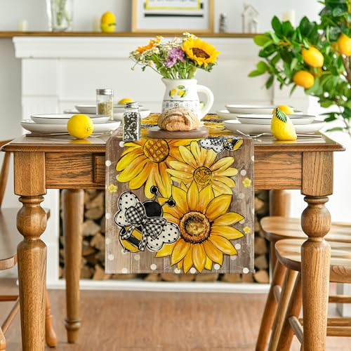 Artoid Mode Wood Sunflower Bee Flower Polka Dot Summer Table Runner Seasonal Kitchen Dining Table Decoration for Indoor Party Home 13x72 Inch - Image 3