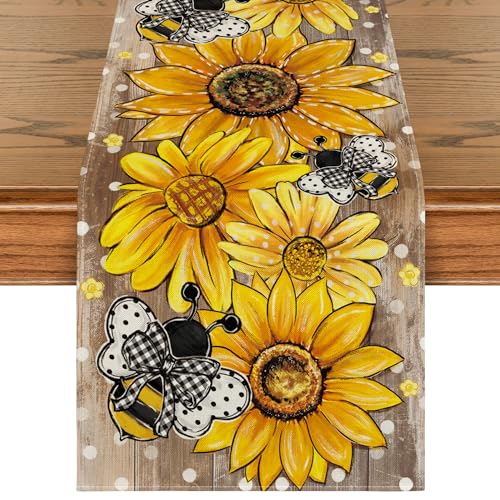 Artoid Mode Wood Sunflower Bee Flower Polka Dot Summer Table Runner Seasonal Kitchen Dining Table Decoration for Indoor Party Home 13x72 Inch - Image 1