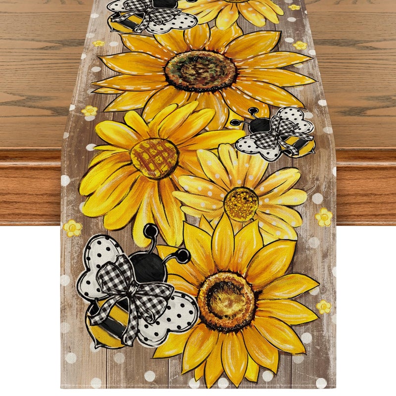 Artoid Mode Wood Sunflower Bee Flower Polka Dot Summer Table Runner Seasonal Kitchen Dining Table Decoration for Indoor Party Home 13x72 Inch - Image 2