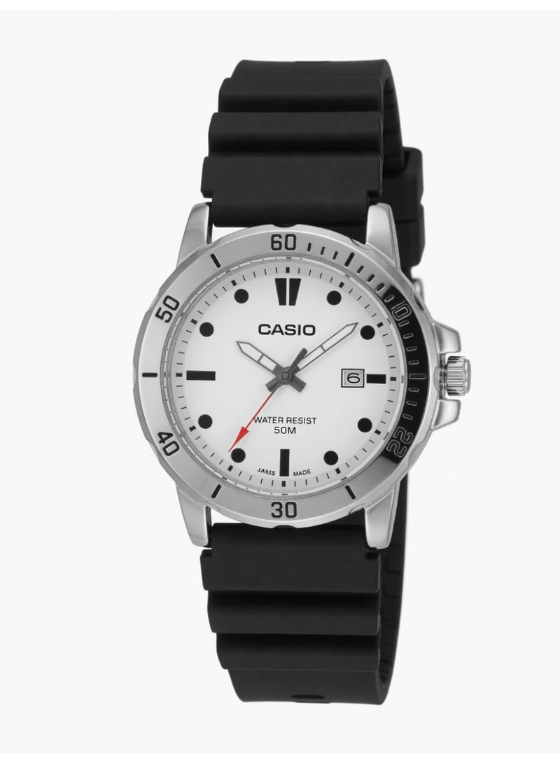 Casio Men's Sport Analog Watch - White Dial, Black Resin Band, 50M Water Resistant - MTP-VD01-7E