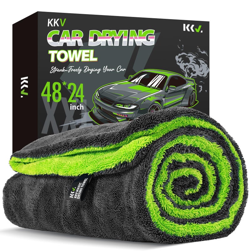 KKV FullSized SUV Drying Towel 48x24 Dual Sided Microfiber Car Cleaning Towel with Twisting Yarn Technique 1400GSM Super Absorbent ScratchFree Machine Washable DarkgrayGreenYellow