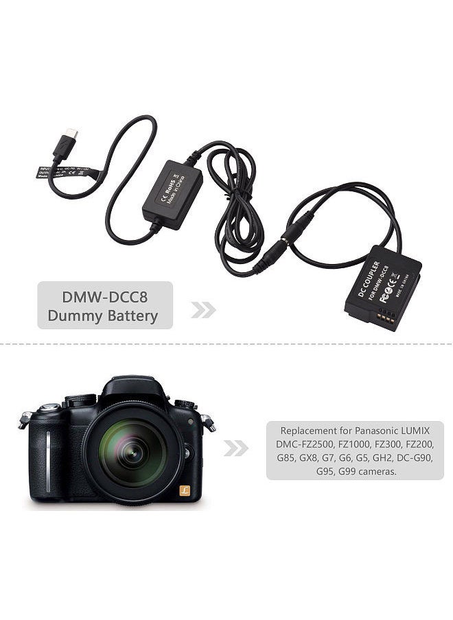 PD USB Type-C Cable to DMW-DCC8 Dummy Battery DC Coupler DMW-BLC12 Replacement for Panasonic LUMIX DMC-FZ2500 FZ1000 FZ300 FZ200 G85 GX8 G7 G6 G5 GH2 DC-G90 G95 G99 Cameras
