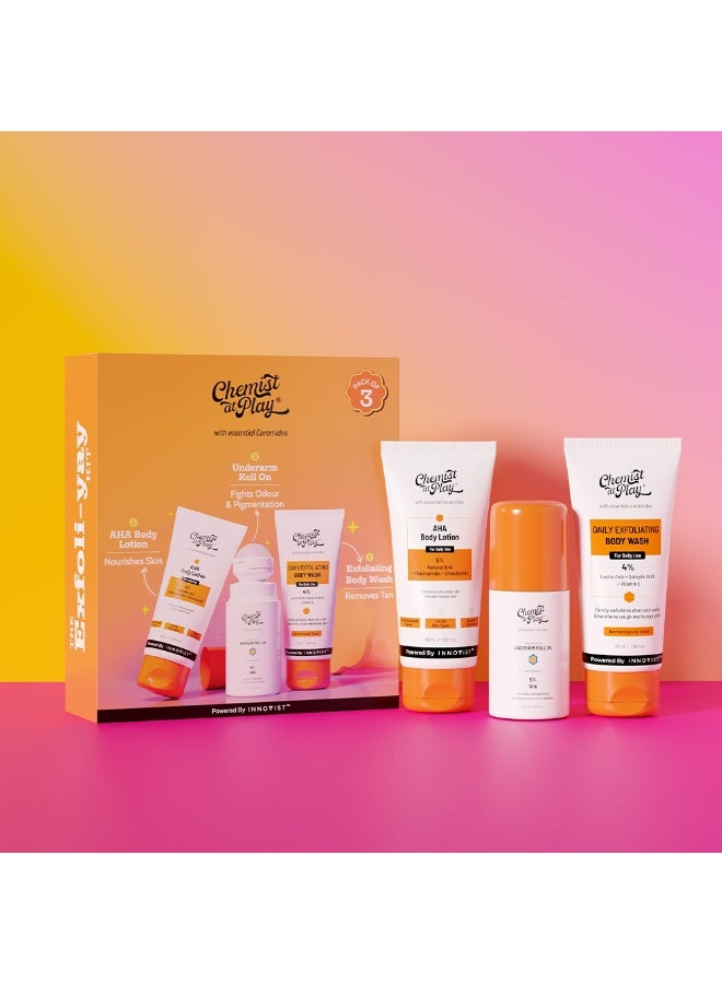 Chemist at Play Exfoliating Kit|Exfoliating Body Wash Body Wash For Rough Skin |Roll on Deodorant- Aqua Fragrance Prevents Odour Exfoliates Underarm| AHA Body Lotion For Radiant Skin - Image 1