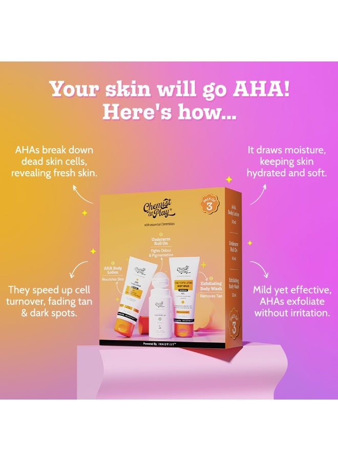 Chemist at Play Exfoliating Kit|Exfoliating Body Wash Body Wash For Rough Skin |Roll on Deodorant- Aqua Fragrance Prevents Odour Exfoliates Underarm| AHA Body Lotion For Radiant Skin - Image 4
