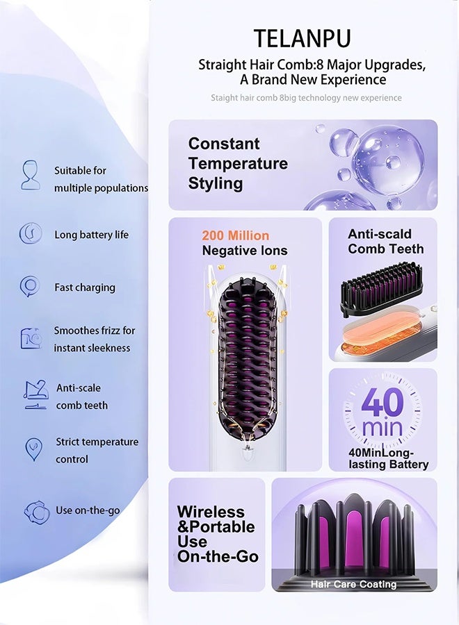 Jourvent Electric Hair Straightener Brush, Portable Ceramic Ionic Straightening Comb and Curler, LED Display, Fast Heating, 3 Temp Settings & Anti-Scald Head Massager for All Hair Types, White - Image 2