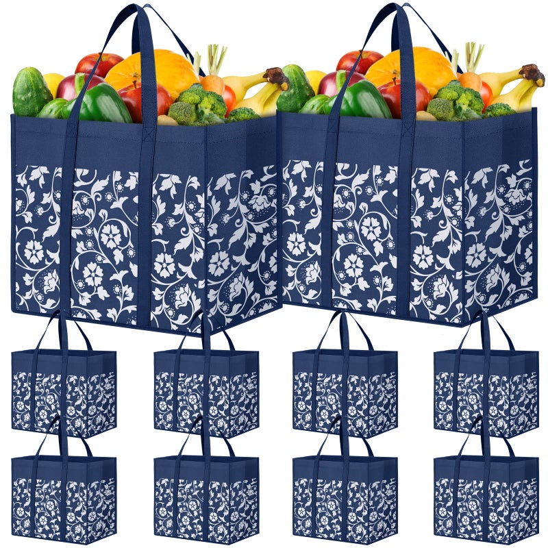 WOWBOX WOWBOX Reusable Grocery Bags Foldable Tote Bags bulk with Reinforced Handles Shopping Bags for Groceries Heavy Duty Large bags Kitchen Reusable Grocery Bags with Waterproof Coating 10-Pack  Blue - Image 1