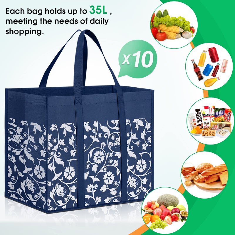 WOWBOX WOWBOX Reusable Grocery Bags Foldable Tote Bags bulk with Reinforced Handles Shopping Bags for Groceries Heavy Duty Large bags Kitchen Reusable Grocery Bags with Waterproof Coating 10-Pack  Blue - Image 4
