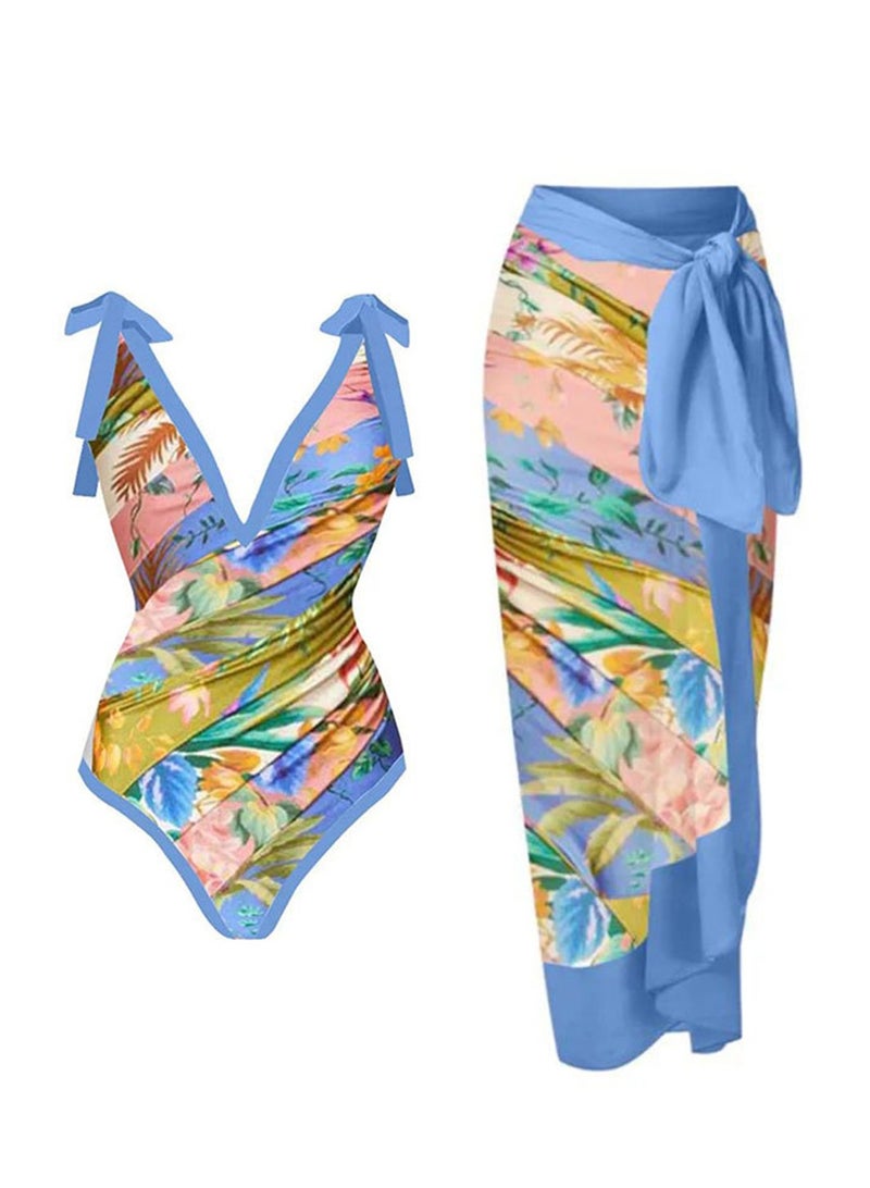 2pcs one piece swimsuit lace up swimsuit skirt swimsuit set - Image 1