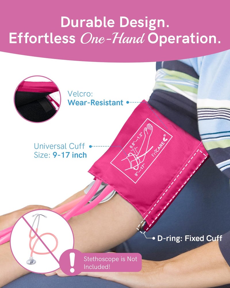 FriCARE Pink Manual Blood Pressure Cuff for Nursing Students - Professional Sphygmomanometer for Doctor's Office - Durable Nylon Cuff for BP Monitoring, Carrying Case Included, Universal Adult Size - Image 3