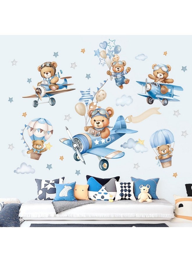 wondever Airplane Animals Bears Wall Stickers Hot Air Balloon Bears Cloud Peel and Stick Wall Art Decals for Baby Nursery Kids Bedroom Toddler Room - Image 2