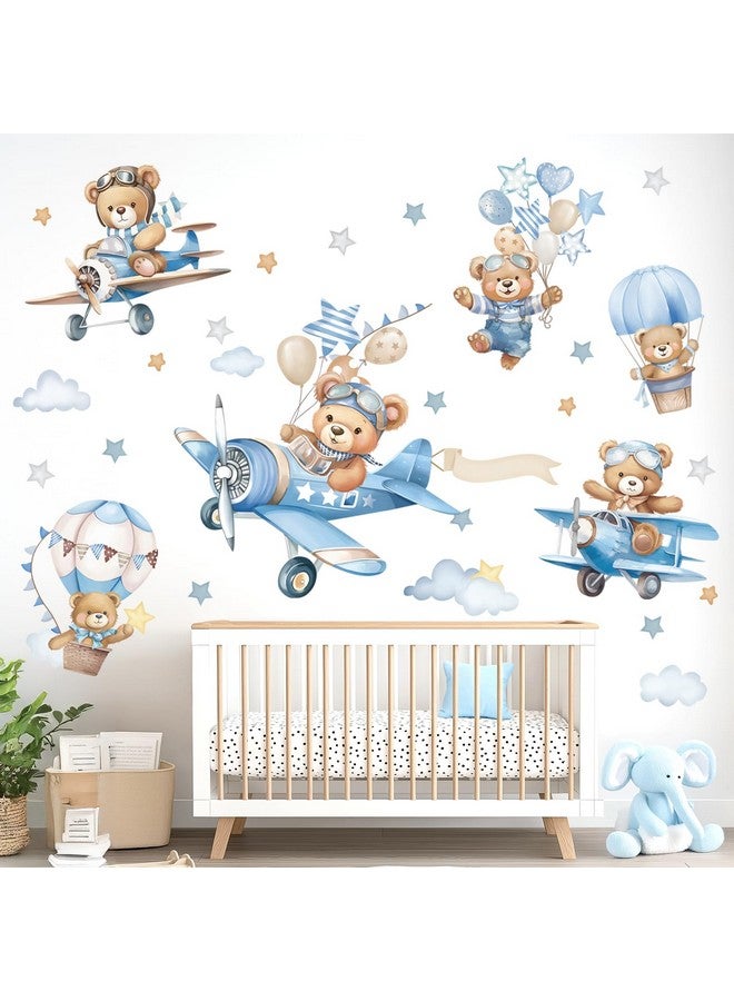 wondever Airplane Animals Bears Wall Stickers Hot Air Balloon Bears Cloud Peel and Stick Wall Art Decals for Baby Nursery Kids Bedroom Toddler Room - Image 3