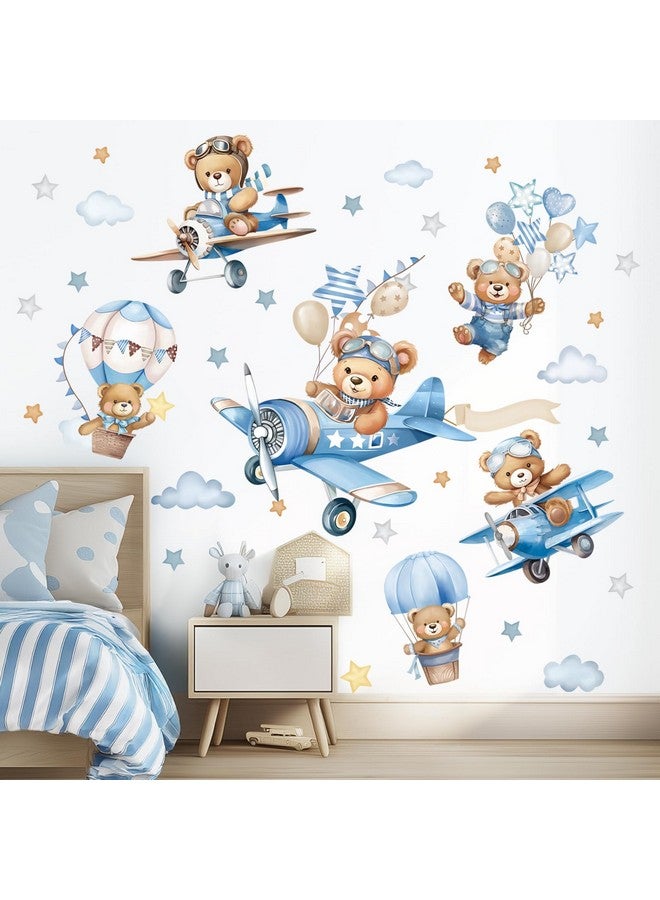 wondever Airplane Animals Bears Wall Stickers Hot Air Balloon Bears Cloud Peel and Stick Wall Art Decals for Baby Nursery Kids Bedroom Toddler Room - Image 1