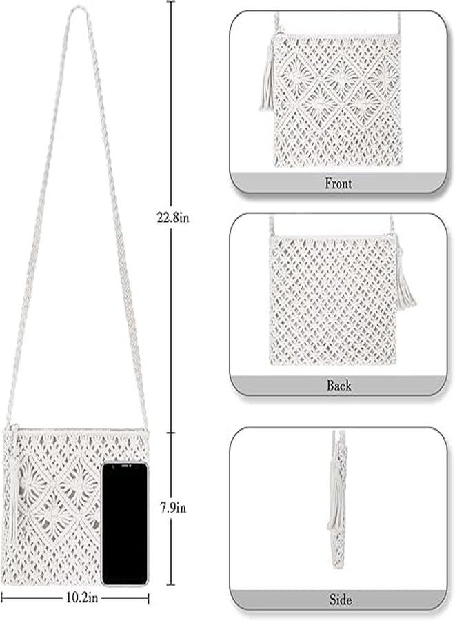 PARAH Women Beach Shoulder Bag Woven Crossbody Bag Cotton Crochet Handmade Satchel Handbag Purse Bag for Summer (White) - Image 3