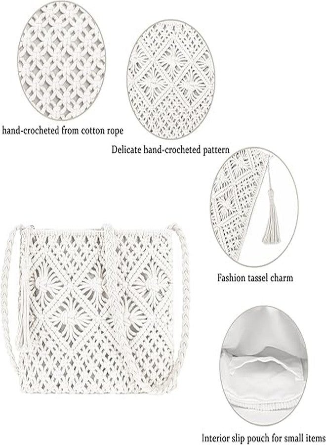 PARAH Women Beach Shoulder Bag Woven Crossbody Bag Cotton Crochet Handmade Satchel Handbag Purse Bag for Summer (White) - Image 2