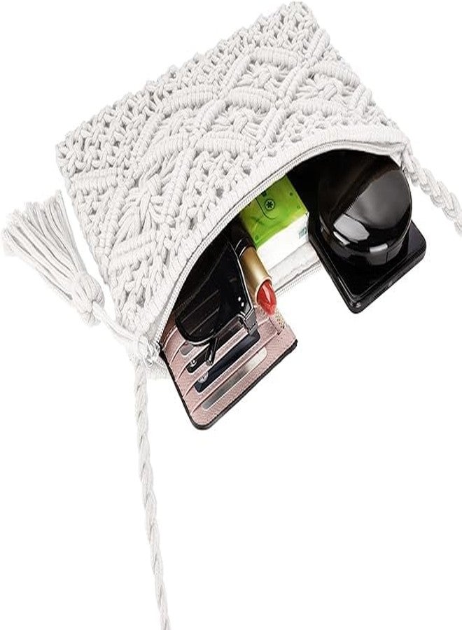 PARAH Women Beach Shoulder Bag Woven Crossbody Bag Cotton Crochet Handmade Satchel Handbag Purse Bag for Summer (White) - Image 4