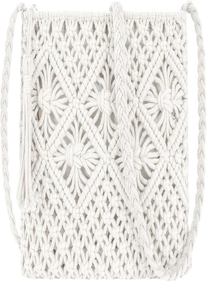 PARAH Women Beach Shoulder Bag Woven Crossbody Bag Cotton Crochet Handmade Satchel Handbag Purse Bag for Summer (White) - Image 1