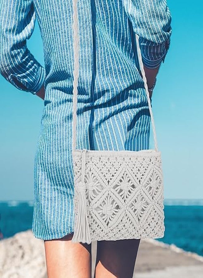 PARAH Women Beach Shoulder Bag Woven Crossbody Bag Cotton Crochet Handmade Satchel Handbag Purse Bag for Summer (White) - Image 5