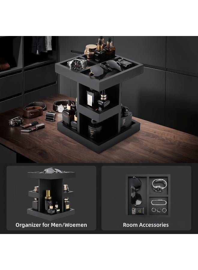 LBMT حوامل عرض خشبية مكونة من 3 طبقات،حامل عرض عطور ومنظم مع دوران 360 درجة للمكتب والطاولة الليلية، رف عطور خشبي بسعة كبيرة مع منظم دوار/مكتب/طاولة ليلية، هدايا للرجال/النساء (أسود) - Image 3
