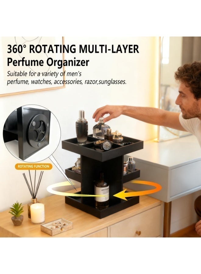 LBMT حوامل عرض خشبية مكونة من 3 طبقات،حامل عرض عطور ومنظم مع دوران 360 درجة للمكتب والطاولة الليلية، رف عطور خشبي بسعة كبيرة مع منظم دوار/مكتب/طاولة ليلية، هدايا للرجال/النساء (أسود) - Image 4