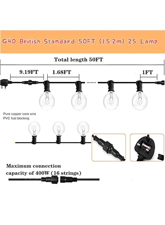 بيوينتي أضواء الخيط الخارجية بطول 50 قدمًا G40 Globe LED أضواء الشرفة مع 25 مصباحًا، 2700K أضواء خيط الشرفة LED مشرقة، أضواء الخيط المعلقة المقاومة للماء لمهرجان الزفاف الشرفة الداخلية والخارجية حديقة الحفلات. - Image 3