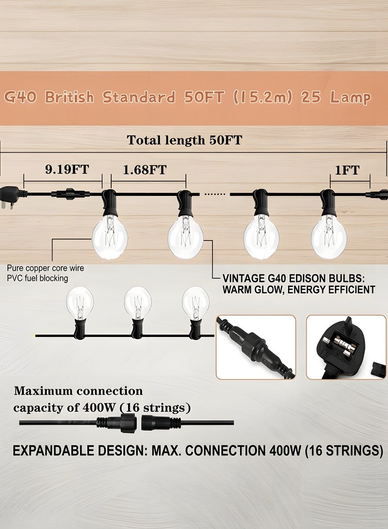 Beauenty Outdoor String Lights 50 Feet G40 Globe LED Patio Lights with 25 Bulbs,2700K Bright LED Patio String Lights, Waterproof Hanging Light Strings for Wedding Patio Indoor Outdoor Party Garden - Image 3