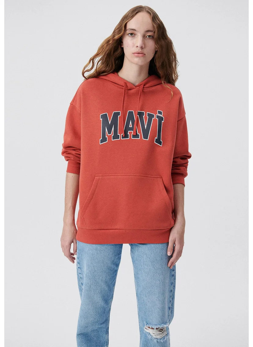 MAVI Blue Women's Blue Logo Printed Hooded Red Sweatshirt 1600361-70459